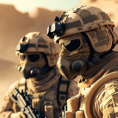 Cinematic Close Up Shot of Modern Soldiers with Helmets in Desert