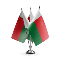 Small national flags of the Madagascar on a white background
