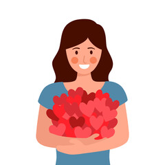 Woman hugging red hearts with love in flat design on white background.