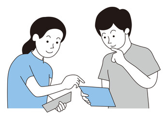 資料を見て検討している男女の仕事仲間