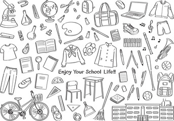 学校生活の文房具や道具のイラストセット（中学校・高校）　線画