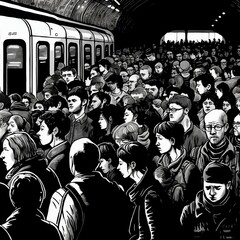 Line Drawing of London City Subway and Crowd of People