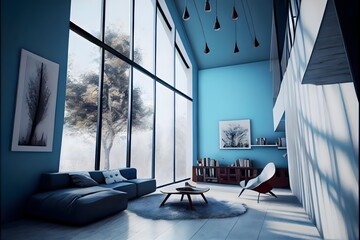 A modern house, in a minimalist millenium crib, high ceiling and filled with Tranquil Blue colour as the wall blend in with the design of the furniture.