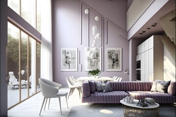 A modern house, in a minimalist millenium crib, high ceiling and filled with warm Lavender colour as the wall blend in with the design of the furniture.