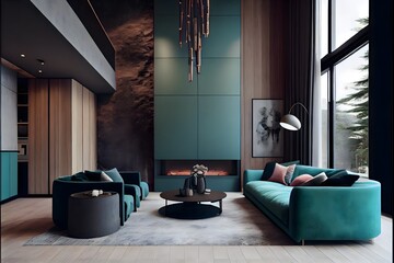 A modern living room, in a minimalist millenium crib, high ceiling and filled with might night green color as the wall blend in with the design of the furniture.	