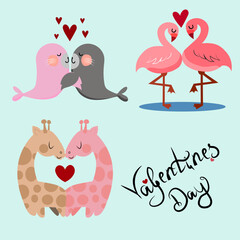 Valentine's day card with cute animals in love.  Vector illustration.  Couples on Valentine's Day.