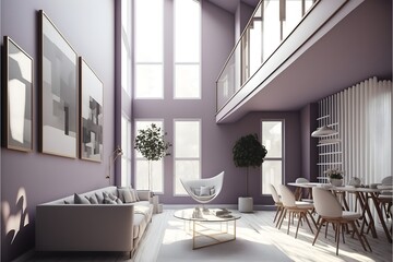 Fototapeta premium A modern house, in a minimalist millenium crib, high ceiling and filled with warm Lavender colour as the wall blend in with the design of the furniture.