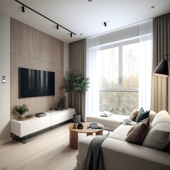 modern rectangular living room, big window in the right side of the room, a tall white curtain covering the window, natural light, hardwood, light-colored