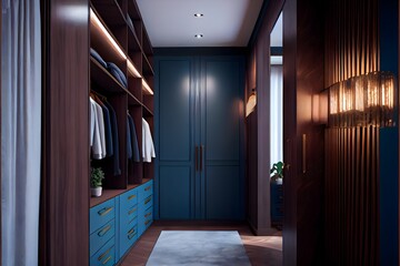 realistic front view of a modern walk-in closet  cabinet in warm blue mate uppers cabinet in wood and shelfs