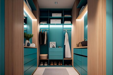 realistic front view of a modern walk-in closet  cabinet in warm blue mate uppers cabinet in wood and shelfs