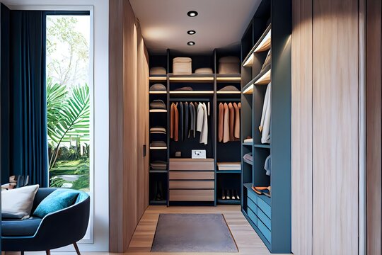 realistic front view of a modern walk-in closet  cabinet in warm blue mate uppers cabinet in wood and shelfs