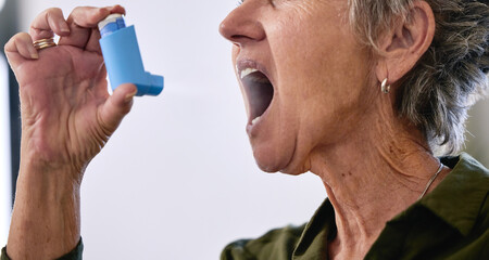 Asthma, oxygen and senior woman with a pump for breath, medical help and healthcare into mouth. Medicine, spray and elderly person with medication treatment helping to breathe with an inhaler - obrazy, fototapety, plakaty