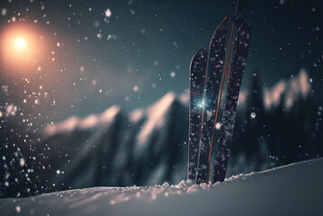 Skiing equipment in snowy mountains, cold with bokeh background, generative AI