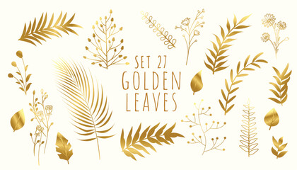 collection of golden tropical leaves invitation card template