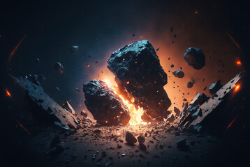 Space asteroid collision concept black and orange, explosive destruction with debris and rocks, generative AI