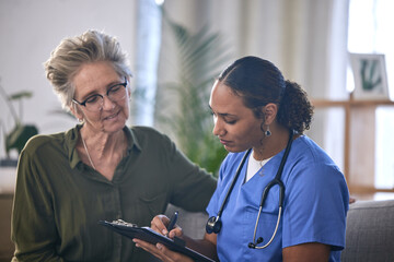 Medical, retirement and clipboard with a nurse and woman in consultation over treatment in a home....