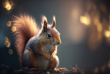 Obraz premium Squirrel in the park on a tree branch with bokeh background, generative AI