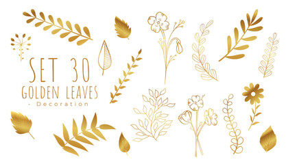 set of golden leaves for greeting card on white background
