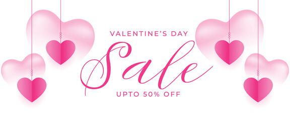 valentines day sale and discount banner with hanging hearts