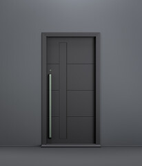 Single door. Black steel front door of a house. Single isolated entrance door from outside. 3d rendering