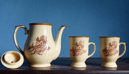 Set of ancient ceramics, pottery. Antique jug shape ceramic icon isolated on blur background