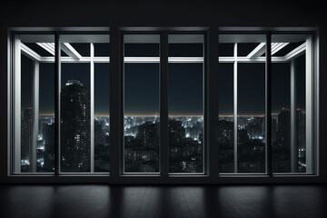 An empty room that is elegant in black tones and views of the big city outside the glass with Generative AI