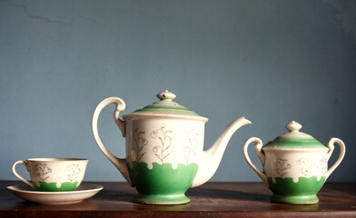 Set of ancient ceramics, pottery. Antique jug shape ceramic icon isolated on blur background