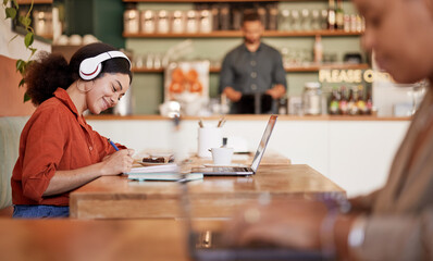 Woman, student and studying in cafe, laptop and make notes for exams, smile and concentration for...