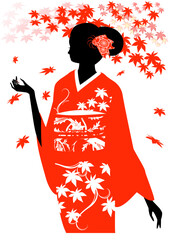 着物を着た女性のシルエットと紅葉