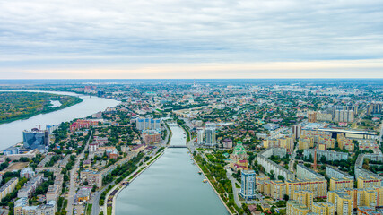 Fototapeta na wymiar Astrakhan, Russia. Panoramic view of the evening city. Aerial view