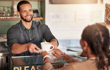 Coffee, cafe and barista serving customer a cup of latte in small business. Restaurant, cappuccino and waiter, man and server giving fresh mug of caffeine or espresso to female shopper in store.