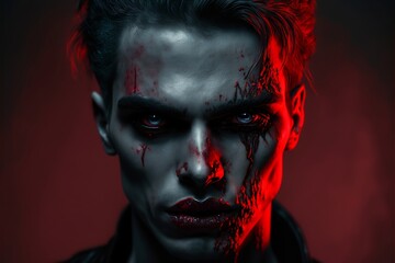 Vampire Face Close Up with Blue Eyes and Blood on Face