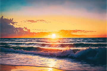 Fototapeta premium Beautiful Scenic View of Ocean Beach During Sunset Watercolor - Generative AI