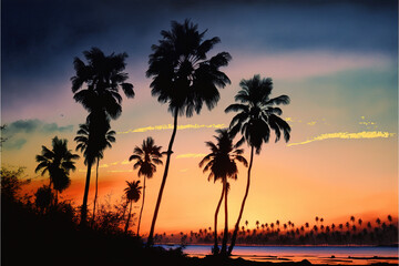 Sunset Shoreline Beach With Palm Trees  During Sunset Watercolor - Generative AI