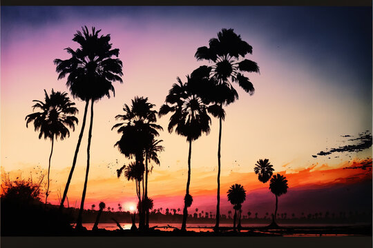 Ocean Beach Shoreline With Silhouette of Palm Trees  During Sunset Watercolor - Generative AI