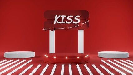3D rendering of red podium for Valentine products on Valentine's Day.