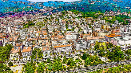 La Spezia, Italy. Embankment, Viale Italia street. View from above. Bright cartoon style illustration. Aerial view - obrazy, fototapety, plakaty