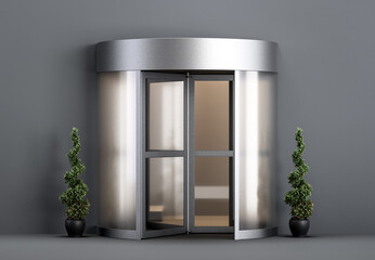 A glass revolving door used in modern mall, office or skyscraper entrance with plants front of it. 3d rendering