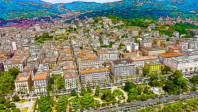 La Spezia, Italy. Embankment, Viale Italia street. View from above. Bright cartoon style illustration. Aerial view