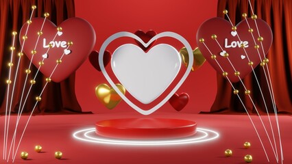 3D rendering of red podium for Valentine products on Valentine's Day.