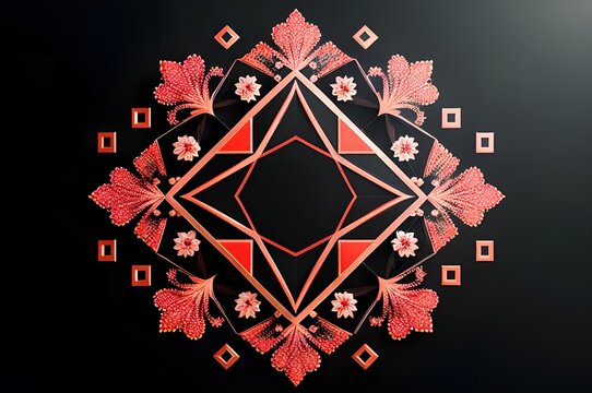 abstract background with red flowers in black background, geometry minimalist