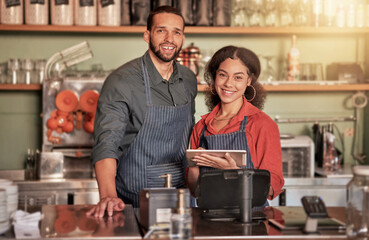 Portrait, cafe and barista couple with tablet ready to take orders in small business. Teamwork, diversity or man and woman, waiters or coffee shop owners in restaurant with technology to manage sales