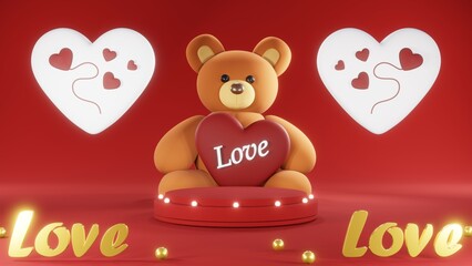 3D rendering of red podium for Valentine products on Valentine's Day.