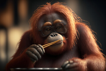 Orangutan eating with chopsticks, portrait close-up, generative AI