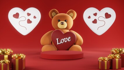 3D rendering of red podium for Valentine products on Valentine's Day.