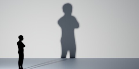 Fototapeta premium Human silhouette and dark shadow on wall with empty space for copy paste text 3d rendering illustration.