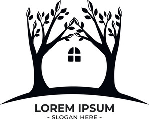 two trees lean towards each other  house vector logo