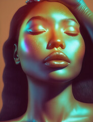 beautiful black model, eyes closed, woman golden light, iridescent, portrait, eyes closed, generative ai