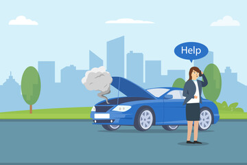 Woman making telephone call to get help with the broken car © Tri