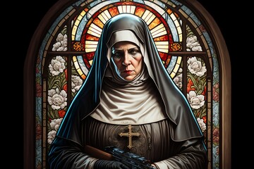Stained Glass Window of Holy Nun Holding a Gun